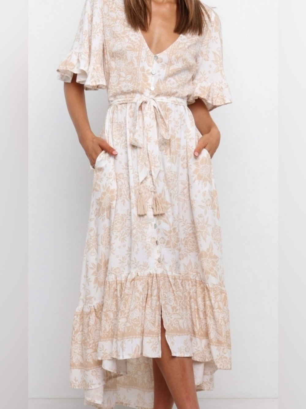 Petal & pup Women’s Beige Floral Button-Front Midi Dress with Tie Waist